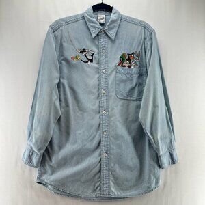 VTG Warner Bros. Shirt Adult XS Looney Tunes Denim Embroidered Button Down Blue